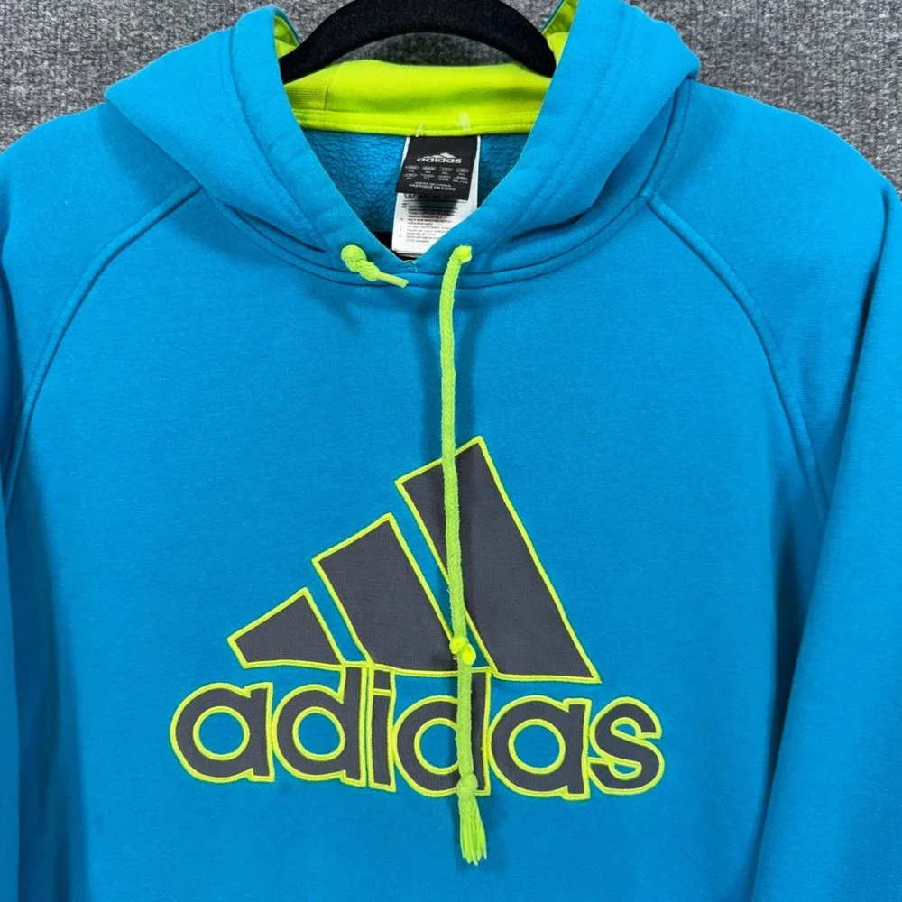 Adidas Hoodie Men XL Blue Neon Green Logo Pullover Sweatshirt Fleece Activewear